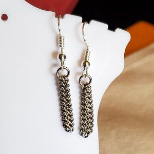 Silver Tone Hook Chain Loop Tassel Dangle Earrings